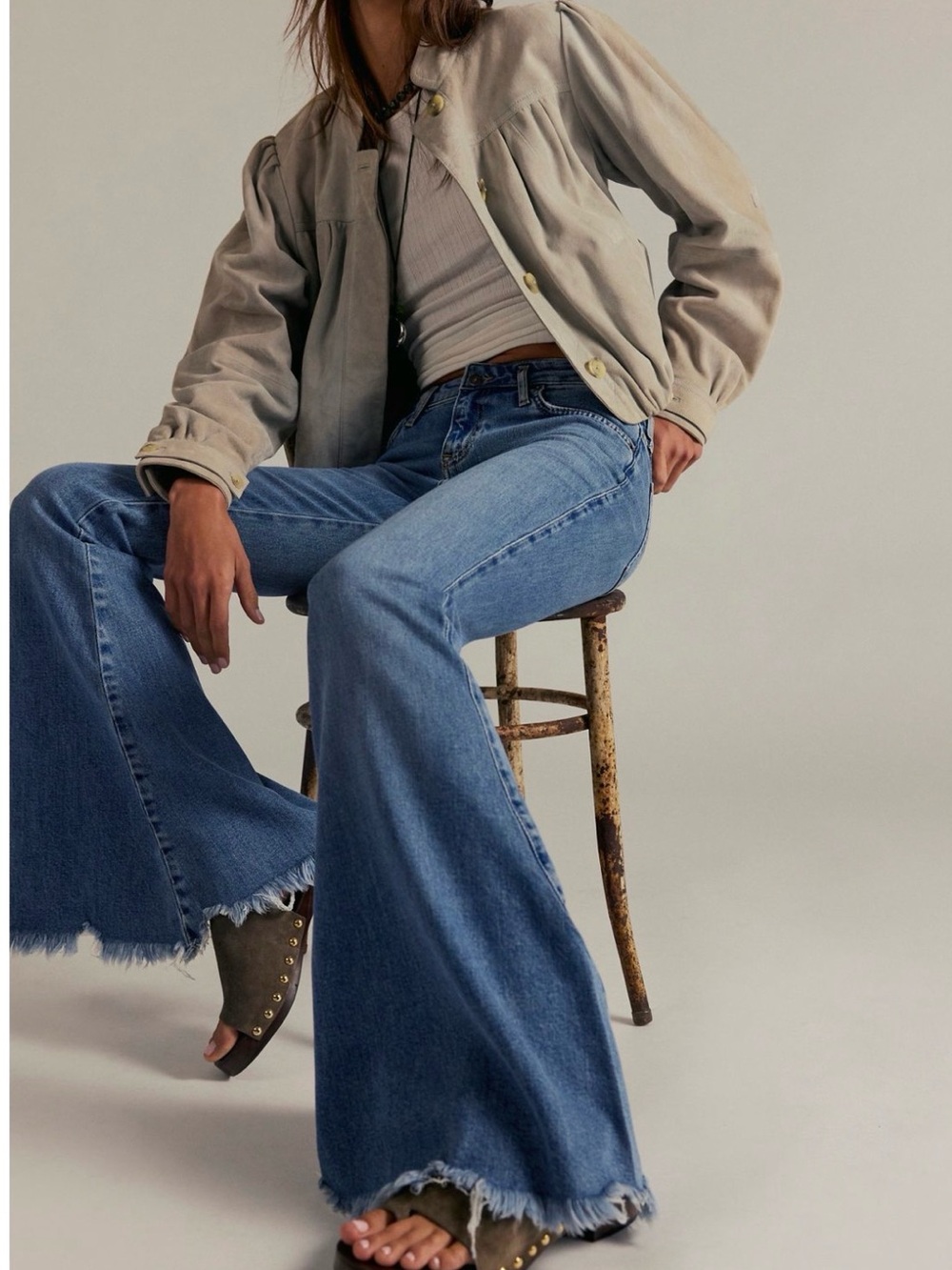 We The Free Dark Blue Wide-Leg Flare Jeans with Frayed Side Split